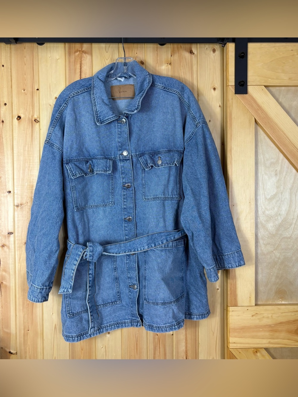 & Denim Women’s Blue Denim Jacket Size XXL Font Tie Barn Chore Jean H&M Pockets - Picture 2 of 10